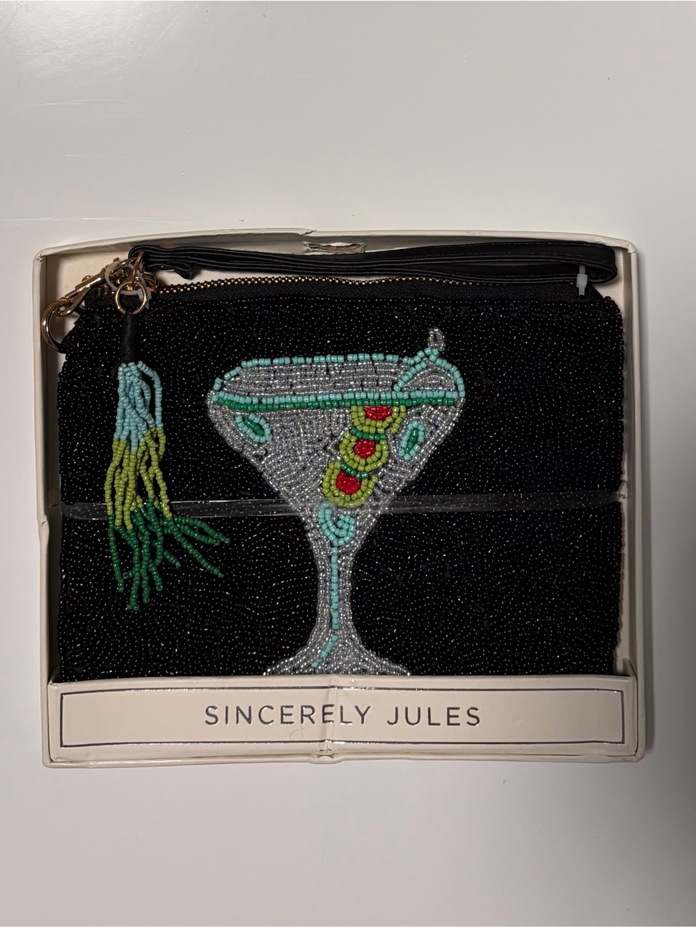 Sincerly Jules Black Beaded Martini Glass Wristlet with Colorful Accents